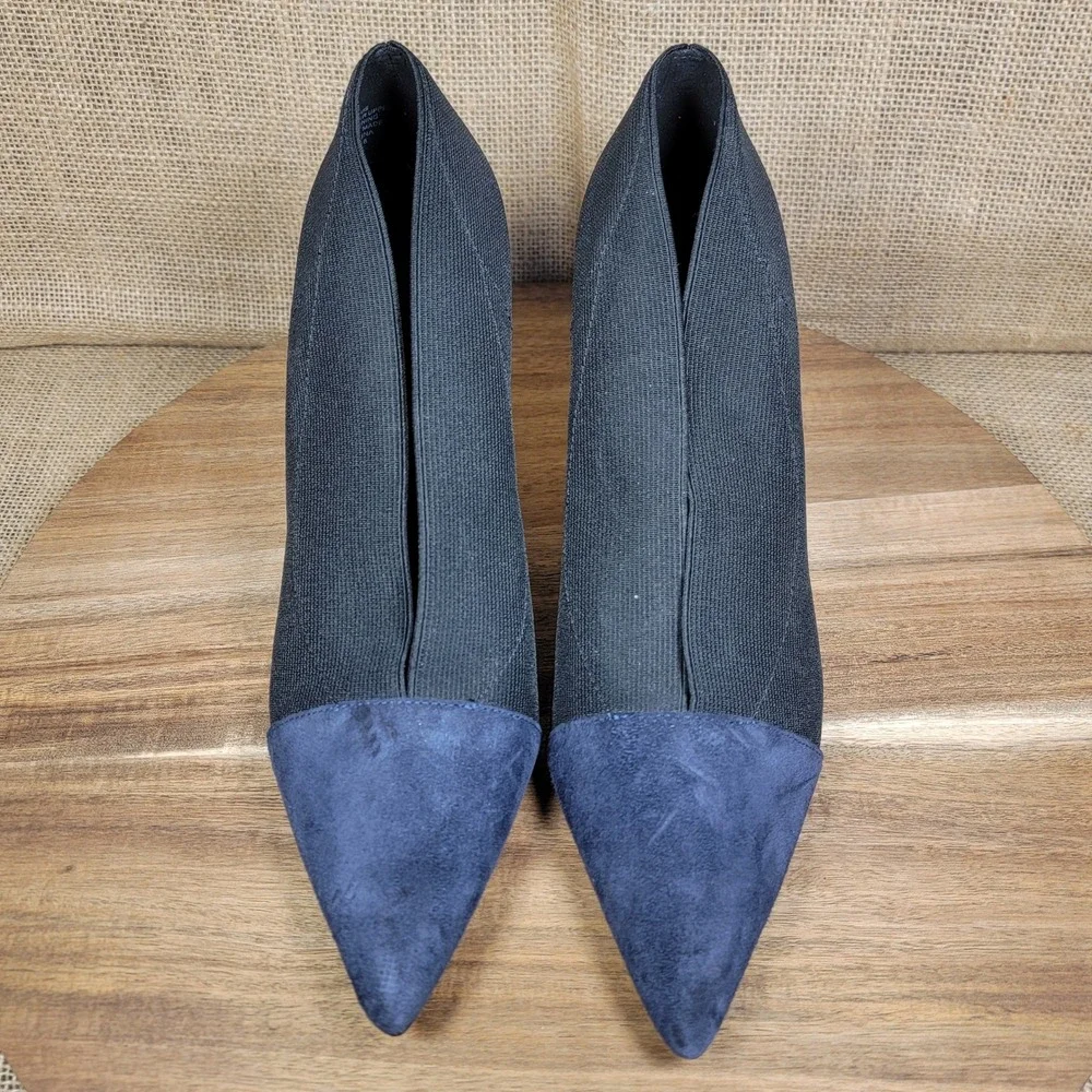 Nine West Wedge Heels Black Blue Suede Pointed Toe Womens 7.5 Slip On Dress Shoe